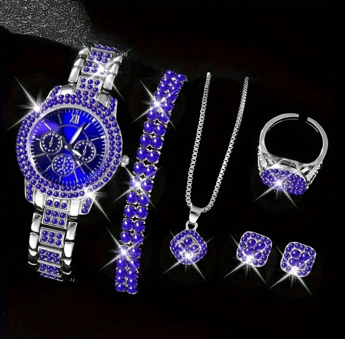 6pcs Blue Rhinestone Quartz Wrist Watch with Bracelet Necklace Earrings Ring Set